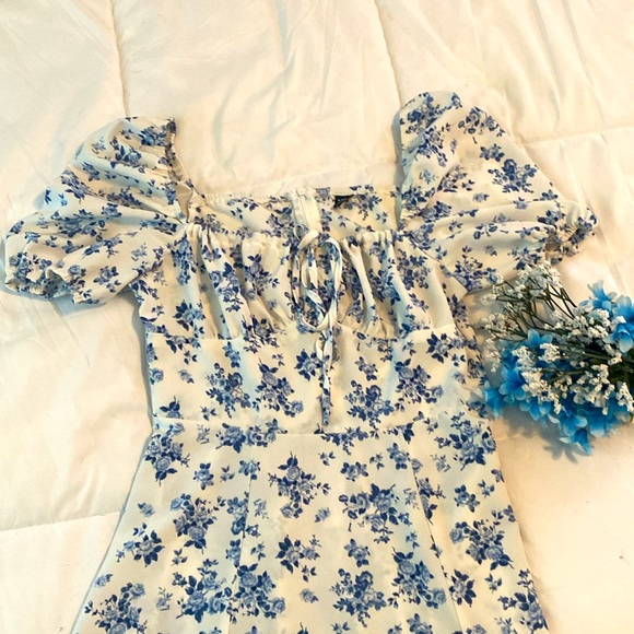 Shein Milkmaid Dress Blue White Floral French Drawstring Cottagecore Small - Picture 6 of 6